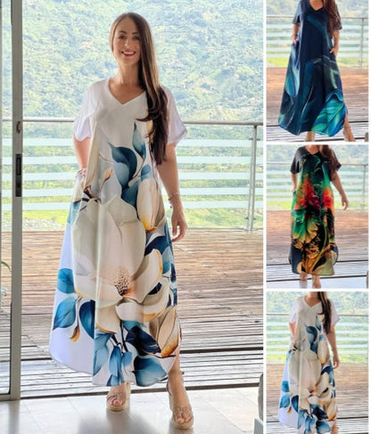 ⏳Beperkte tijd 50% korting💥Dames losse casual bedrukte jurk met V-hals en korte mouwen