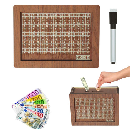 Houten spaarbox met telontwerp – 1.000/2.000/3.000/5.000/10.000 opties, voor munten en biljetten, herbruikbaar, eenvoudig zelf in elkaar te zetten. 50% KORTING!