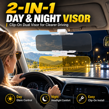 Universele HD anti-verblindingszonneklep – clip-on, dubbele lens (donker voor dag, geel voor nacht), opklapbaar, past op de meeste auto's, SUV's en pick-ups.