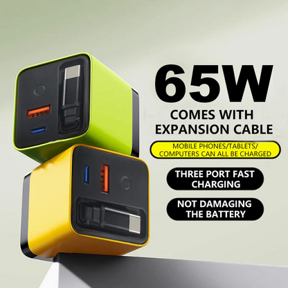 🔌⚡ 50% KORTING! Nooit meer kabelwirwar of lege batterijen! Deze 65W snellader met intrekbare Type-C-kabel van 80 cm en 3 poorten laadt telefoon, tablet én laptop tegelijk – compact, veilig en overal mee naartoe!