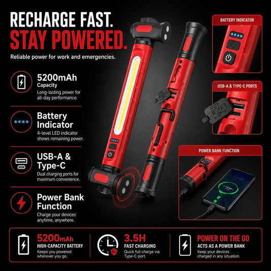 🔥🚗 50% KORTING! Nooit meer in het donkere motorruim staan! Deze 3000 lumen LED-werklamp met magneet, 5200mAh en USB-C powerbank verlicht elke reparatie – 360° verstelbaar, 51,6 cm!