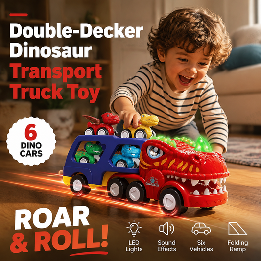 🦕🚛 50% KORTING! Alsof Jurassic Park op je vloer landt! Dubbeldekker dino-truck met brullende geluiden, flitsende lichten & 6 mini-voertuigen. Het grootste avontuur dat je kind ooit ziet!