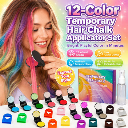 🌈✨ Tijdelijke haarkrijtset | 12 kleuren | Inclusief klemapplicators | Opbouwbaar & uitwasbaar | Geschikt voor lokken & highlights | 50% KORTING!