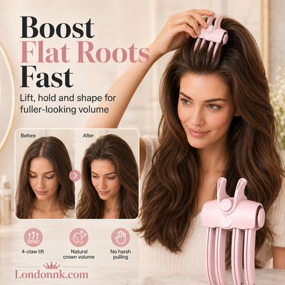 ✨ Alsof je kruin een facelift krijgt! 4 verwarmde klauwtjes tillen je haarwortels op – zichtbaar volume dat blijft zitten. 85°C/100°C, automatisch uit na 4 min.