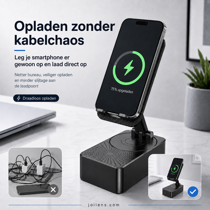 Cadeaukeuze - 🎵📱 3-in-1 Bluetooth speaker, oplaadstation & telefoonhouder | 1000/3000mAh | Verstelbare standaard | Compact & draadloos | 50% KORTING!