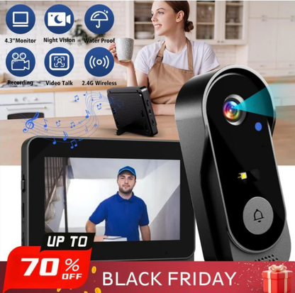✈️Gratis verzending✈️Draadloze deurbelcamera: 1080P, 170° hoek, 4,3-inch scherm, IPX65 waterdicht voor buitengebruik, nachtzich
