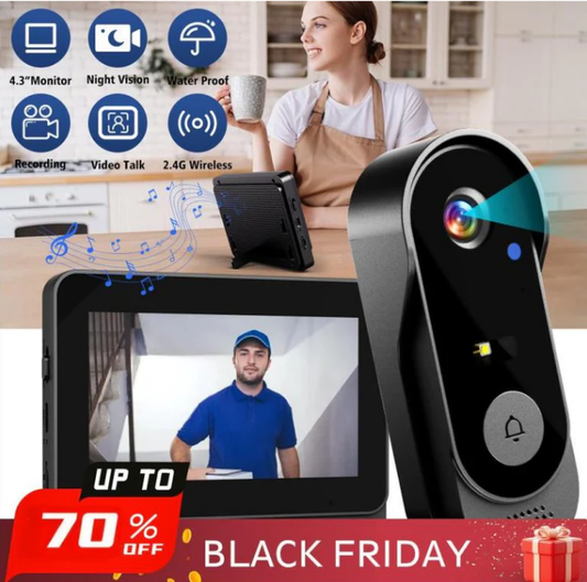 ✈️Gratis verzending✈️Draadloze deurbelcamera: 1080P, 170° hoek, 4,3-inch scherm, IPX65 waterdicht voor buitengebruik, nachtzich