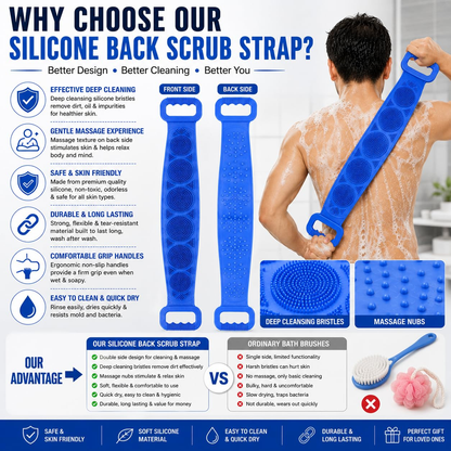💥🛁 50% KORTING! Nooit meer je rug missen! Deze dubbelzijdige siliconen rugscrubber met lange steel exfolieert en masseert elke plek – zacht voor je huid, hygiënischer dan sponzen. Hangt droog op!