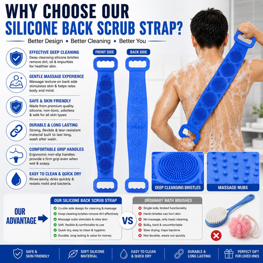 💥🛁 50% KORTING! Nooit meer je rug missen! Deze dubbelzijdige siliconen rugscrubber met lange steel exfolieert en masseert elke plek – zacht voor je huid, hygiënischer dan sponzen. Hangt droog op!