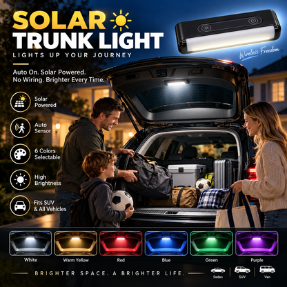🔆🚗 Solar LED-kofferbaklamp | Automatische sensor | Draadloos & zonne-energie | 6 kleuren + noodmodus | 3 helderheidsstanden | 30 sec montage | 50% KORTING!