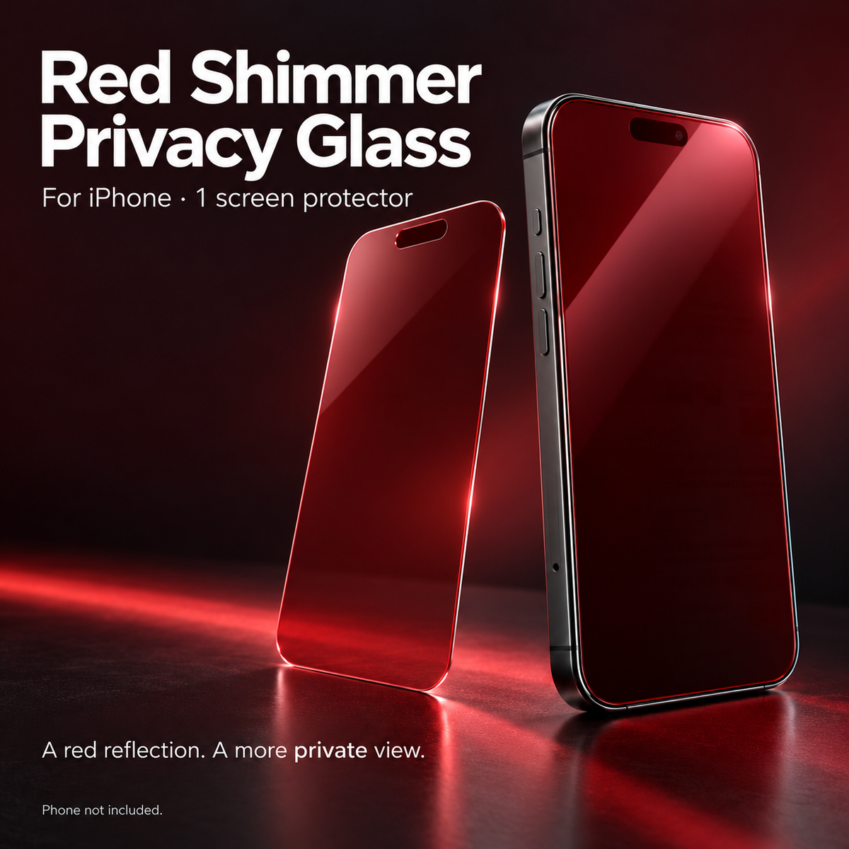 Red shimmer privacy tempered glass for iPhone shown as one separate screen protector beside a demonstration phone.