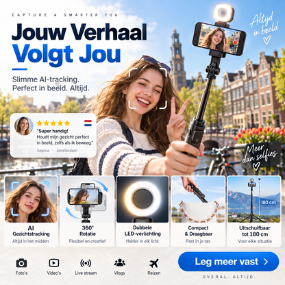 📸 Waarom een cameraman als je selfiestick je gezicht volgt? 180 cm, 360° draaibaar, ingebouwde camera en 2 invullampen – perfecte solo-opnames.