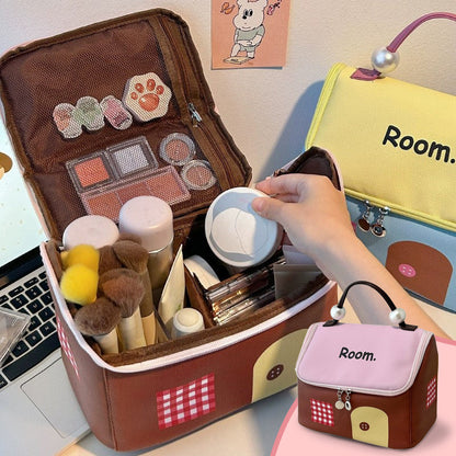 Grote Capaciteit Color-Block Cartoon Huis-Vormige Handheld Cosmetische Tas