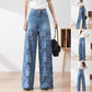 Blauwe jeans met hoge taille voor dames, wijde pijpen, gatenpatroon en kanten inzetstukken