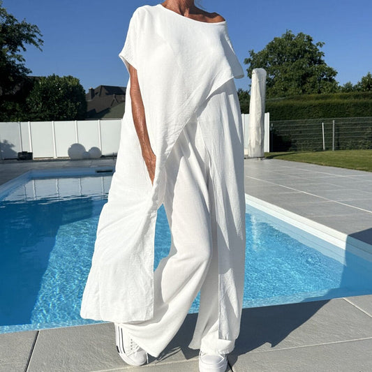 Set van eenkleurige off-the-shoulder top en broek