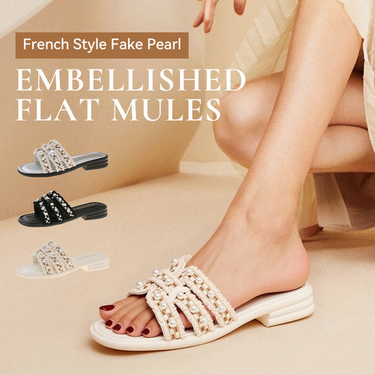 Franse stijl neppe parel versierde platte muiltjes