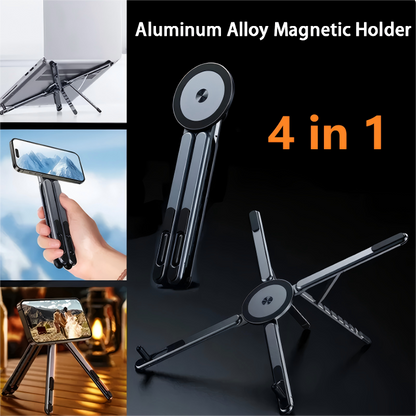 🔄🎯 50% KORTING! Handgreep, bureau-standaard, laptop-houder, tablet-statief – allemaal in één stuk aluminium dat in je broekzak past. Magnetisch, dus je telefoon blijft zitten, ook als je hem aanstoot.