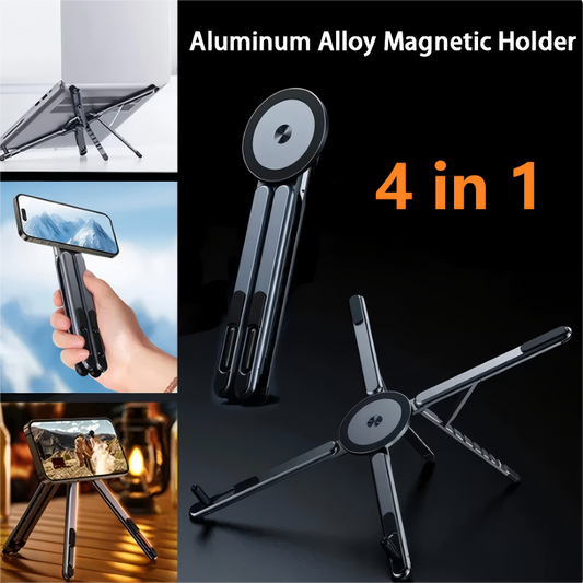 🔄🎯 50% KORTING! Handgreep, bureau-standaard, laptop-houder, tablet-statief – allemaal in één stuk aluminium dat in je broekzak past. Magnetisch, dus je telefoon blijft zitten, ook als je hem aanstoot.