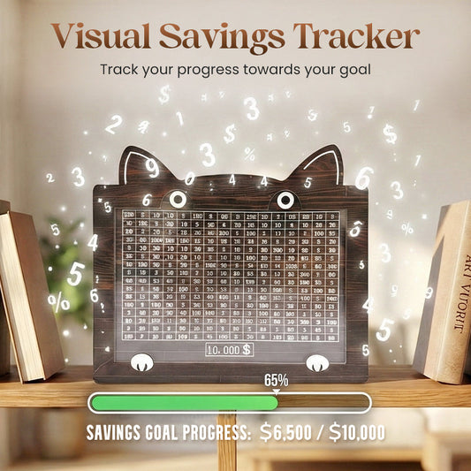Wooden Cat Savings Box with Goal Tracker