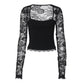 Effen dames-T-shirt met bloemenkant, gesplitste ruches en doorschijnende mouwen