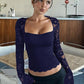 Effen dames-T-shirt met bloemenkant, gesplitste ruches en doorschijnende mouwen