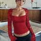 Effen dames-T-shirt met bloemenkant, gesplitste ruches en doorschijnende mouwen