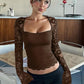 Effen dames-T-shirt met bloemenkant, gesplitste ruches en doorschijnende mouwen