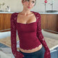 Effen dames-T-shirt met bloemenkant, gesplitste ruches en doorschijnende mouwen
