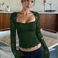 Effen dames-T-shirt met bloemenkant, gesplitste ruches en doorschijnende mouwen