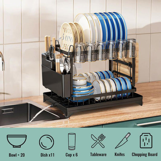 💐50% OFF ! 2-Tier Dish Rack with Drainboard – Large Capacity & Fast Drying 🍽️💧【Limited Offer】