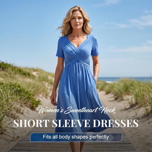 👗💙 50% KORTING! Alsof je een zomerbries in een jurk giet die je taille accentueert en je benen laat dansen! V-hals, korte mouwen, lange pasvorm – klaar voor strand, stad of terras.