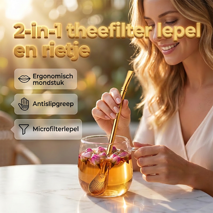 🍵🥄 50% KORTING! Nooit meer theeblaadjes in je mond! Deze 2-in-1 theefilter lepel & rietje filtert perfect, is herbruikbaar en gemaakt van hoogwaardige legering – roer en drink moeiteloos!