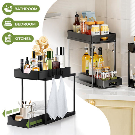 🛁➡️👑 50% KORTING! Stop met het zoeken naar dat ene flesje achterin je badkamerkastje! Deze schuifbare organizer met 2 lagen en valbeveiliging schuift alles naar je toe – alsof je een mini-supermarkt onder je wasbak hebt!