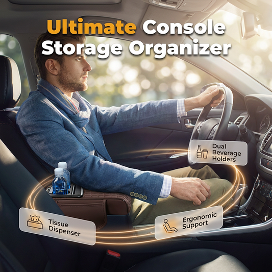 🥤 50% KORTING! Nooit meer morsen of zoeken! Dé auto console organizer met 2 bekerhouders, tissue dispenser en zachte armsteun – past in bijna elke auto!