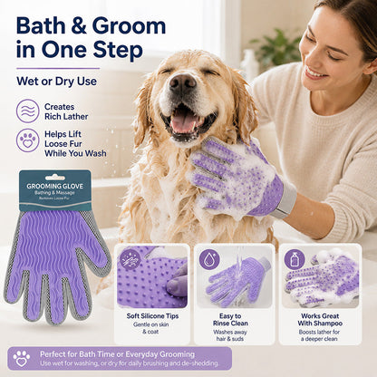 🐾🚫 50% KORTING! Stop met het plukken van huisdierharen van je kleding! Deze dubbelzijdige trimhandschoen borstelt je kat of hond en verzamelt alle losse haren in één beweging – direct schoon, direct knuffelklaar.