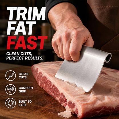 🥩💪 50% KORTING! Nooit meer worstelen met hardnekkig vet en vliezen! Deze gebogen vleesschraper met vlijmscherpe rand schraapt vlees supersnel schoon – en je snijplank? Die maak je er ook moeiteloos mee glad!