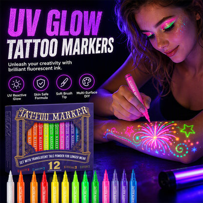 🎨💡 50% KORTING! Nooit meer onzichtbaar op een party! Deze UV-glow tattoo stiften laten je creaties oplichten onder blacklight – huidveilig, sneldrogend, en ook op glas, pompoen en steen. Word het stralende middelpunt!