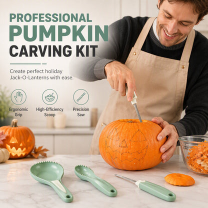 🎃🔪 50% KORTING! Nooit meer worstelen met dikke pompoenwanden of vieze handen! Deze 3-in-1 pompoensnijset met grove lepel, zaag en detailmes maakt Halloween-kunst in minuten – snel, veilig en zonder geknoei!