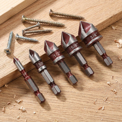 🔧 5-delige verzinkboorset – hoog koolstofstaal, 5 groeven, 82° punt, zeskantige schacht, voor hout en metaal, compatibel met de meeste boormachines.