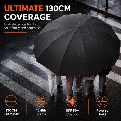 ☂️ Extra grote windvaste opvouwbare paraplu – 130 cm diameter, 12 verstevigde ribben, UPF 50+, Pongee stof, sneldrogend, voor 4 personen.