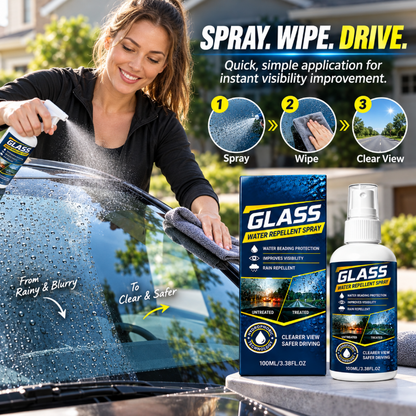 👁️ Zie de weg, niet de regen. Hydrofobe glasspray – water parelt weg, oliefilm verdwijnt. Alsof je ruit nooit nat wordt.
