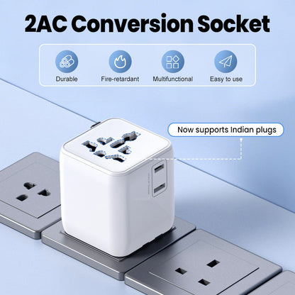 ✈️ Stop met een tas vol stekkers! Deze wereldadapter ondersteunt A, B, C, D, E, F, G, J, L en N – laad twee apparaten tegelijk op.
