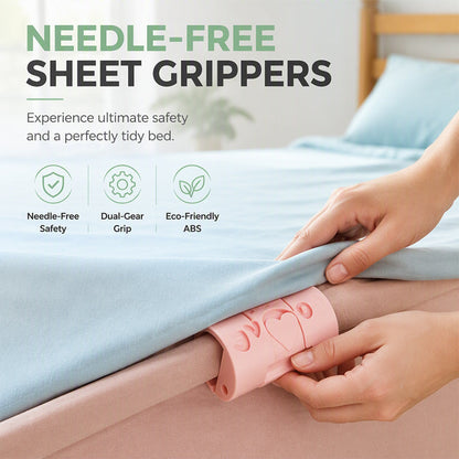 🛏️🔒 Alsof je lakens vastgeklikt zitten! Naaldvrije spanners met kliksluiting, compact ABS en stevige grip – in blauw, roze of transparant.