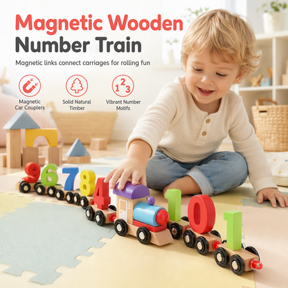 🚂💥 Stukjes die losschieten? Niet met deze magnetische houten cijfer-trein! Kinderen klikken de wagons zelf vast en leren al spelend tellen – 3+.