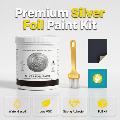 ✨ Premium zilver metallic verf – één laag voor een hoogglanzende, luxe afwerking. Complete set met kwast, schuurpapier en handschoenen. Veilig binnen.