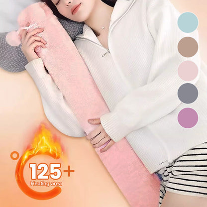 Extra lange warmwaterkruik – 2000 ml, 73×12 cm, dik rubber, pluche hoes, lek- en barstveilig, geurloos, voor rug-, been- en buikwarmte.