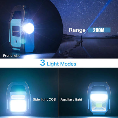 ⛺️🚗 Alsof je een mini-lichtinstallatie in je tas hebt! Eén compacte lamp met voorlicht, hulpzaklamp en brede COB-verlichting – voor camping, klussen en noodgevallen.
