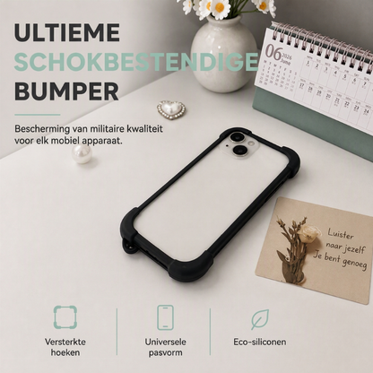 Universele schokdempende siliconen telefoonhoes – elastische pasvorm, versterkte hoekbescherming, open achterkant, antislip, in transparant, zwart, rood, roze, blauw of oranje.