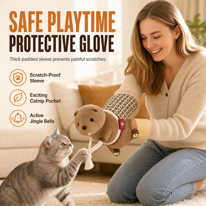 🔔 Trek deze worstelhandschoen aan en daag je kat uit! Ingebouwde belletjes, kattenkruid en een stevige beschermlaag – voor uren veilig speelplezier.