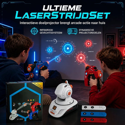 👾✨ Alsof je in een laserarena staat! 2 mini-pistolen, 1 projector met geluid en licht – voor spannende teamgevechten in huis.